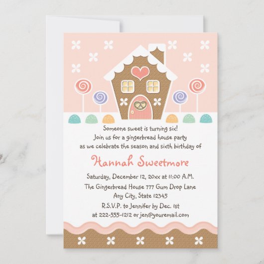 ピンクのお菓子の家のバースデーパーティ招待状 招待状 (正面)