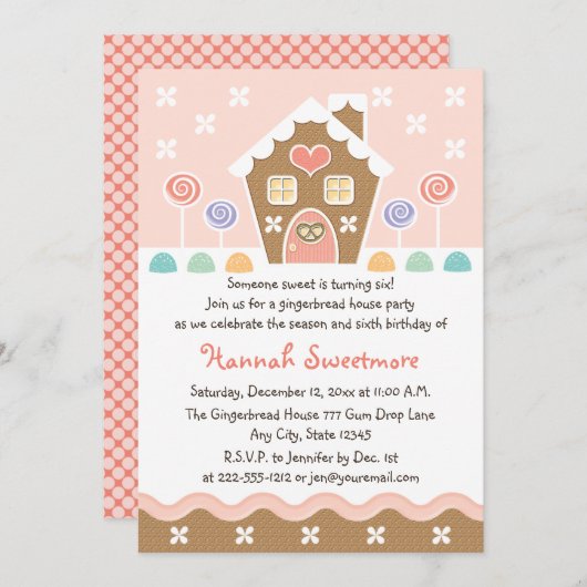 ピンクのお菓子の家のバースデーパーティ招待状 招待状 (正面/裏面)