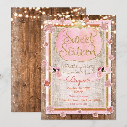 ピンクのかぼちゃと紅葉の風景がルスティックなSweet16パーティー 招待状 (正面/裏面)