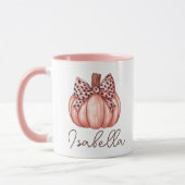 ピンクのかぼちゃのカスタムネーム 秋の紅葉 コーヒー マグカップ (左)