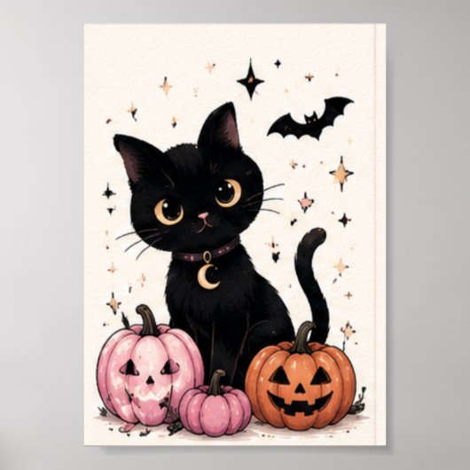 ピンクのかぼちゃの月首輪 黒猫 ポスター (正面)