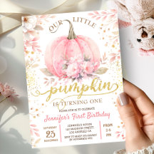 ピンクのかぼちゃの花とゴールドのラメの女の子1歳の誕生日