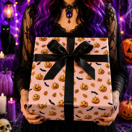 ピンクのかぼちゃコウモリ紅葉ハロウィンパターン ラッピングペーパー