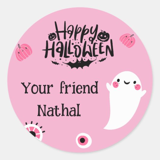 ピンクのかわいいお化けのハッピーハロウィン ラウンドシール (正面)