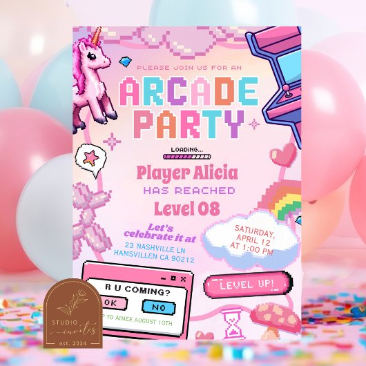 ピンクのかわいいアーケードゲーム女子 誕生日招待状 招待状