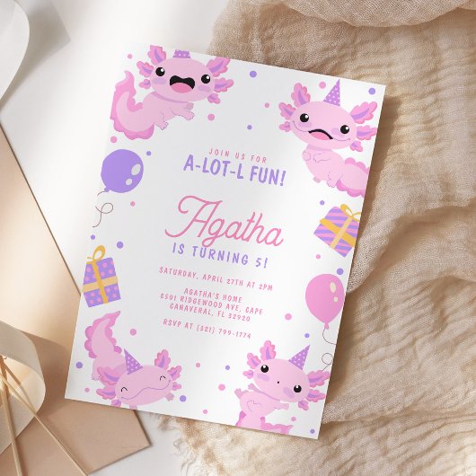 ピンクのかわいいウーパールーパー女子の誕生日パーティー 招待状