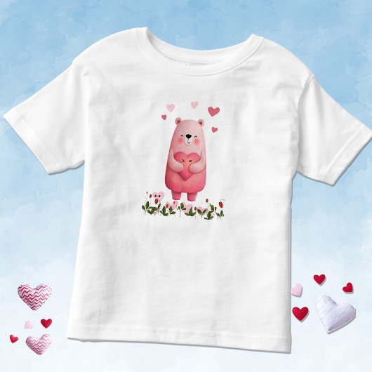 ピンクのかわいいクマとハート トドラーTシャツ