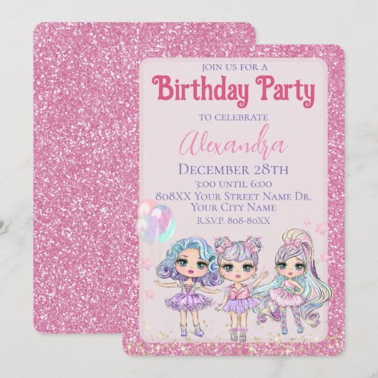 ピンクのかわいいスパンコール ドール 女子の誕生日パーティー 招待状 (正面/裏面)