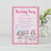 ピンクのかわいいスパンコール ドール 女子の誕生日パーティー 招待状 (スタンド正面)