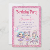 ピンクのかわいいスパンコール ドール 女子の誕生日パーティー 招待状 (正面)