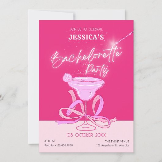 ピンクのかわいいスパークルウォークカクテルバチェロレッテ 招待状 (正面)