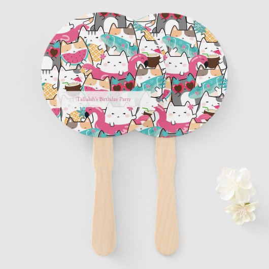 ピンクのかわいいネコのプール誕生日パーティー ハンドファン (正面&裏面)
