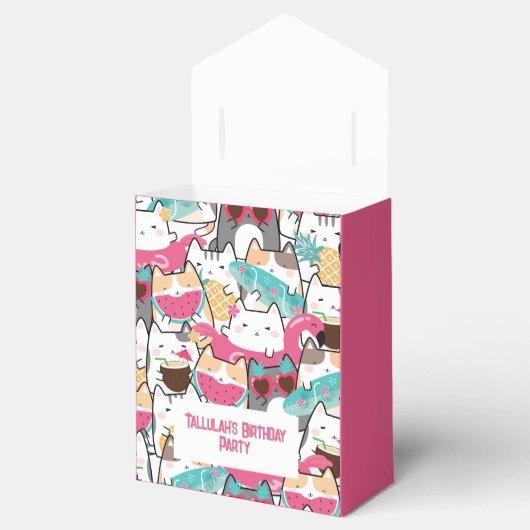 ピンクのかわいいネコのプール誕生日パーティー フェイバーボックス (オープン)