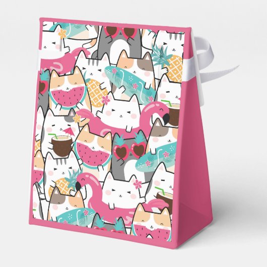 ピンクのかわいいネコのプール誕生日パーティー フェイバーボックス (裏面サイド)