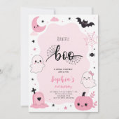 ピンクのかわいいハロウィンゴーストの誕生日パーティー 招待状 (正面)