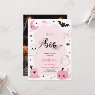 ピンクのかわいいハロウィンゴーストの誕生日パーティー 招待状