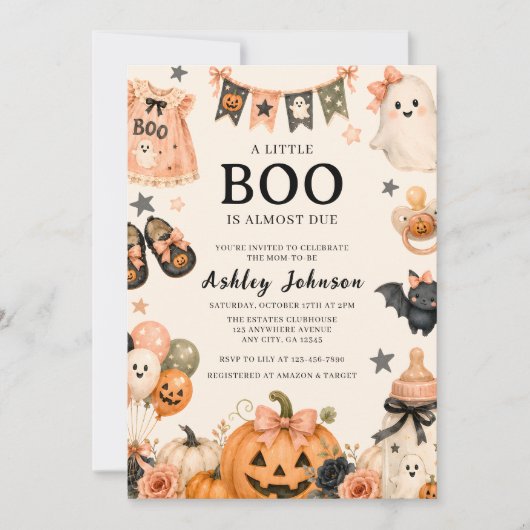 ピンクのかわいいハロウィンベビー・シャワー 招待状 (正面)