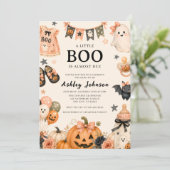 ピンクのかわいいハロウィンベビー・シャワー 招待状 (スタンド正面)