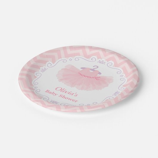 ピンクのかわいいバレリーナのチュチュの女の赤ちゃんのシャワーの供給 ペーパープレート (アングル)