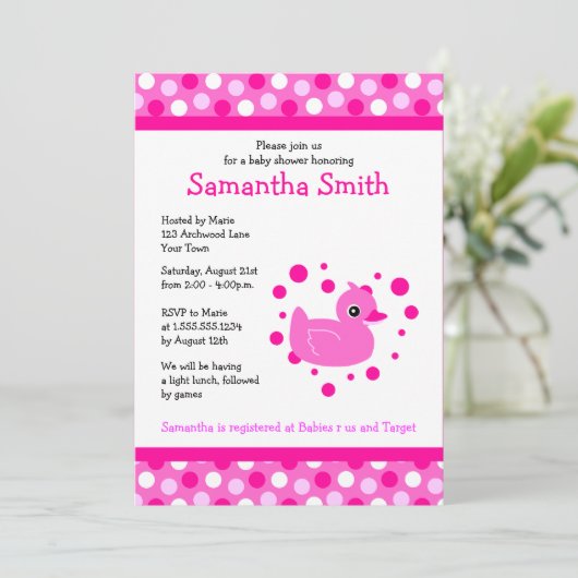 ピンクのかわいいピンクのアヒルちゃんはベビーシャワーの招待に点を打ちます 招待状 (スタンド正面)