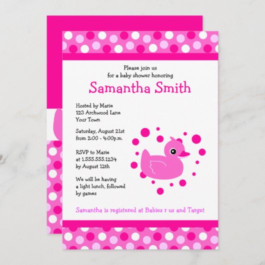 ピンクのかわいいピンクのアヒルちゃんはベビーシャワーの招待に点を打ちます 招待状 (正面/裏面)