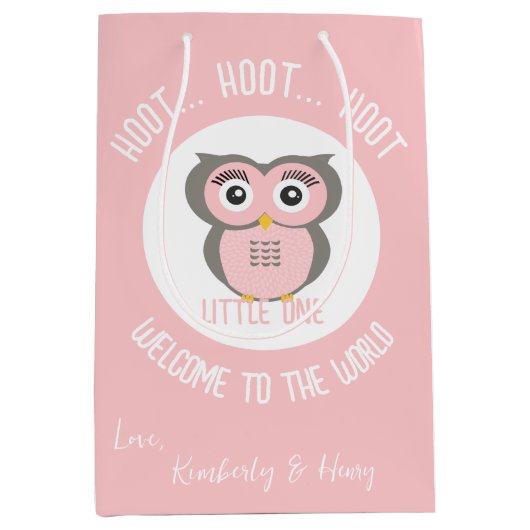 ピンクのかわいいフクロフクロフオットフオットワールドへようこそ ミディアムペーパーバッグ (正面)