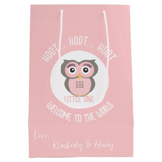 ピンクのかわいいフクロフクロフオットフオットワールドへようこそ ミディアムペーパーバッグ (裏面)