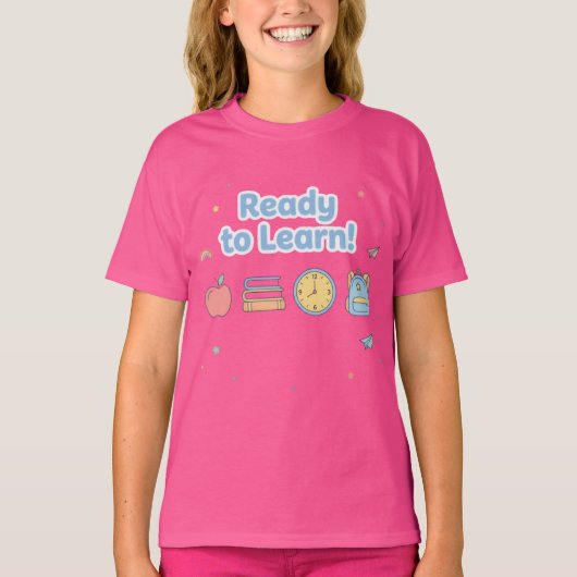 ピンクのかわいい勉強準備完了 はじめましての学校へ Tシャツ (正面)