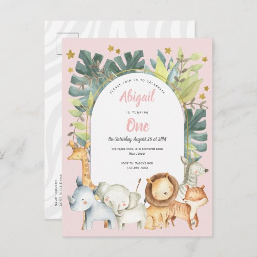 ピンクのかわいい動物ジャングルサファリ1歳の誕生日 インビテーションポストカード (正面/裏面)