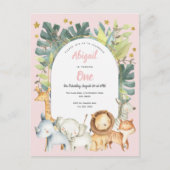 ピンクのかわいい動物ジャングルサファリ1歳の誕生日 インビテーションポストカード (正面)