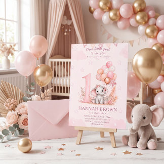 ピンクのかわいい女の子の象の1歳の誕生日の花 招待状
