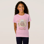 ピンクのかわいい子猫と「読書が私の幸せな場所」 Tシャツ (正面フル)