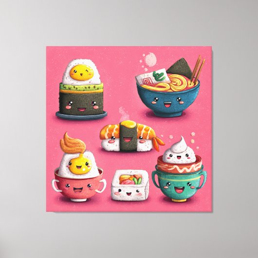 ピンクのかわいい寿司の宴 キャンバスプリント (正面)
