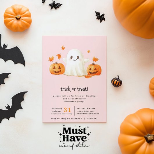 ピンクのかわいい幽霊スプークのトリックまたはトリートメント 招待状