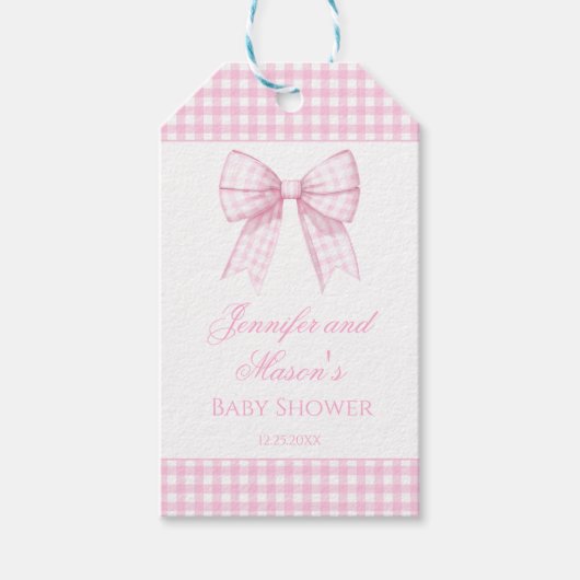 ピンクのかわいい弓の赤ちゃん感謝していシャワーあなたメッセージカード ギフトタグ (正面)