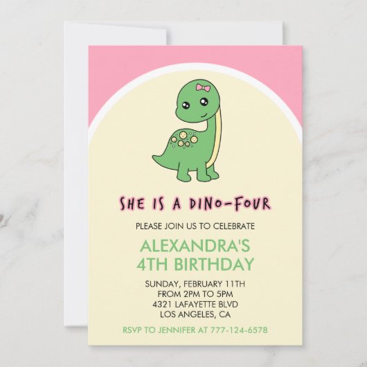 ピンクのかわいい恐竜の女の子の4歳の誕生日招待状 招待状 (正面)