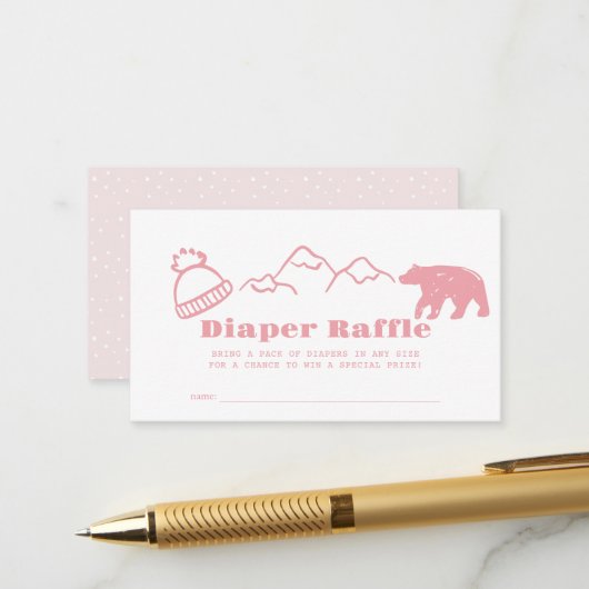 ピンクのかわいい手描きの冬の赤ちゃんおむつくじ券 エンクロージャーカード (正面/裏面インサイチュ)