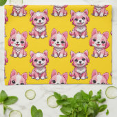 ピンクのかわいい犬 - イエロー キッチンタオル (折り畳み)