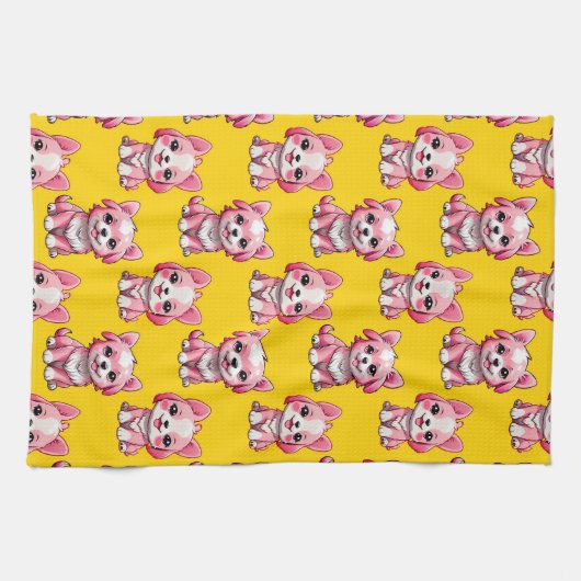 ピンクのかわいい犬 - イエロー キッチンタオル (横)