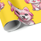 ピンクのかわいい犬 - イエロー ラッピングペーパー (ロールコーナー)
