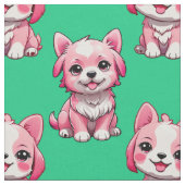 ピンクのかわいい犬 - グリーン ファブリック (クローズアップ)