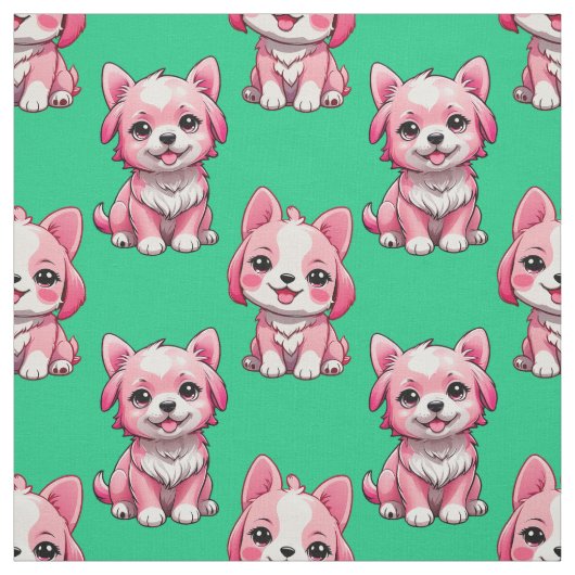 ピンクのかわいい犬 - グリーン ファブリック (見本)