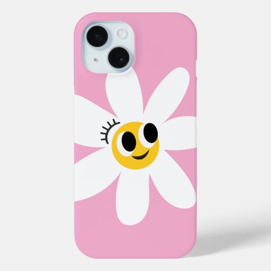 ピンクのかわいい白いデイジー iPhone 15 カバー (裏面)