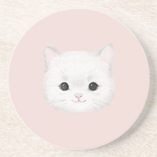 ピンクのかわいい白い子猫の顔 コースター (正面)