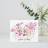ピンクのかわいい花のイラストでお誕生日おめでとう シーズンポストカード (スタンド正面)