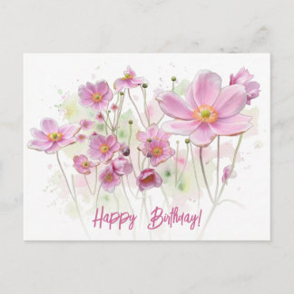 ピンクのかわいい花のイラストでお誕生日おめでとう シーズンポストカード