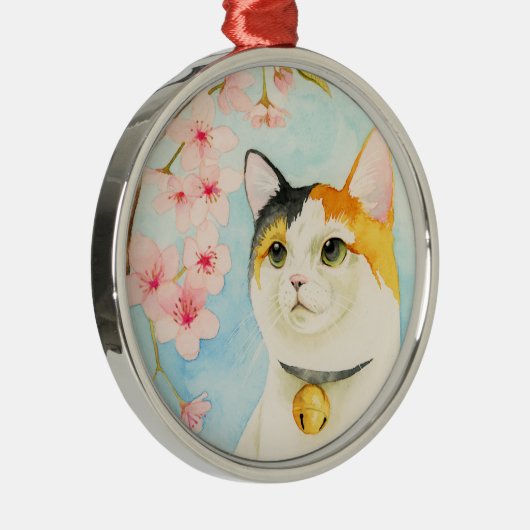 ピンクのかわいい茶色のぶち猫によっては水彩画が開花します メタルオーナメント (右)