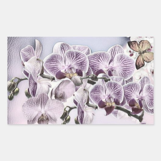 ピンクのかわいい蘭の花と蝶のスケッチ 長方形シール (正面)