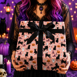 ピンクのかわいい黒猫のおばけカボチャハロウィン ラッピングペーパー