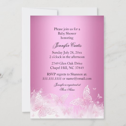 ピンクのかわいらしキラキラ蝶の赤ちゃんシャワーエスニック 招待状 (裏面)